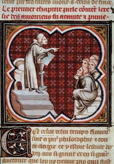फ्रांसीसी दार्शनिक और धर्मशास्त्री Amaury de Chartres (या Amaury de Bene या Amalricus de Bene) (मृत्यु 1209) अपने शिष्यों (Amaurisians) के सामने। लेस ग्रैंड्स क्रॉनिकल्स डी फ्रांस से लघु"" जीन फॉक्वेट द्वारा प्रकाशित (1420-1481) द्वारा जीन फौक्वेट