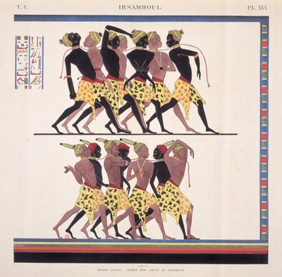 कलाकार, c.1835 द्वारा "मोन्यूमेंट्स डे l" मिस्री एट डे ला नुबी "से नूबियन दासों का चित्रण करते हुए इब्साम्बुल में भित्तिचित्रों की व्याख्या द्वारा जीन फ्रेंकोइस चैंपियन