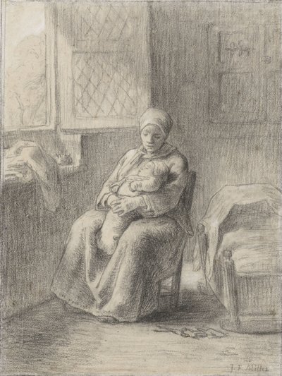 खिड़की से एक बच्चे के साथ बैठा महिला, c.1824-75 (कागज पर चाक) द्वारा जीन फ्रेंकोइस बाजरा