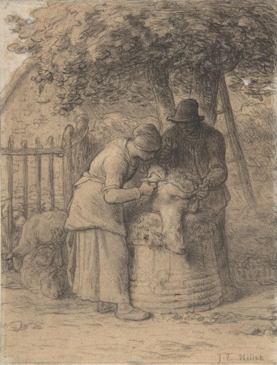 एक पेड़ के नीचे भेड़ का बाल काटना, सीए। 1854. द्वारा जीन फ्रेंकोइस बाजरा