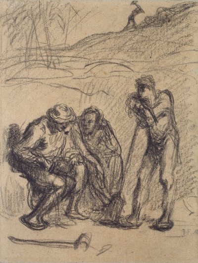 तीन किसान आराम कर रहे हैं, एक कुदाल पर झुक रहा है, c1850-1851 द्वारा जीन फ्रेंकोइस बाजरा