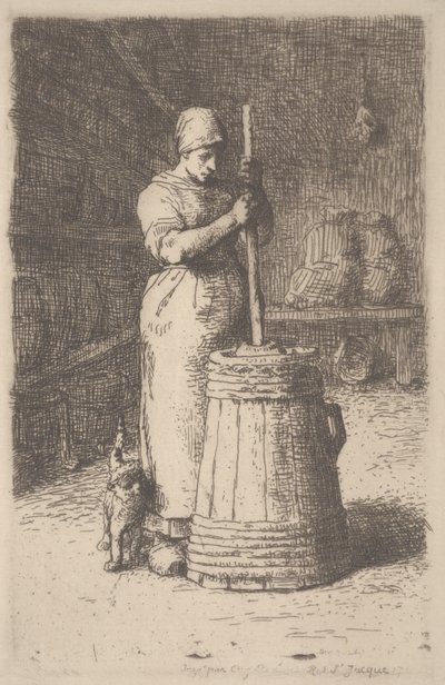 महिला मंथन बटर, c.1855-56 (नक़्क़ाशी) द्वारा जीन फ्रेंकोइस बाजरा