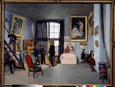 L'atelier de Bazille, पेरिस में 9 rue de la condemine (बाईं ओर, मेज पर बैठे, ऑगस्टे रेनॉयर एमिल ज़ोला से बात करते हैं। केंद्र में, बाज़िल एडौर्ड मानेट को उनके हाल के कार्यों में से एक दिखाता है, जबकि क्लाउड मोनेट उसके पीछे खड़ा है और Baz . के एक करीबी  द्वारा जीन फ्रेडरिक बाज़िल
