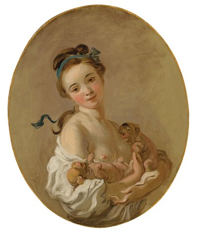 दो पिल्ले पकड़े हुए जवान लड़की, c.1770 द्वारा जीन ऑनर फ्रैगनार्ड