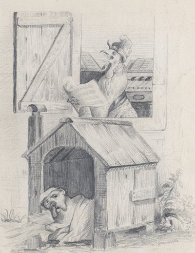 डॉगहाउस में कुत्ता, खिड़की पर मुर्गा गाना, सीए। 1842. द्वारा जीन इग्नेस इसिडोर गेयार्ड