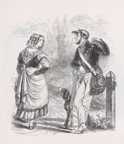 द हंटर एंड द मिल्कमिड फ्रॉम द कम्प्लीट वर्क्स ऑफ़ बेरेंजर, 1836। द्वारा जीन इग्नेस इसिडोर गेयार्ड