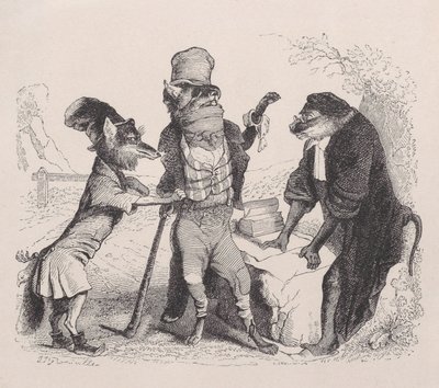 बंदर के सामने लोमड़ी के खिलाफ विनती करता भेड़िया, ca. 1838. द्वारा जीन इग्नेस इसिडोर गेयार्ड
