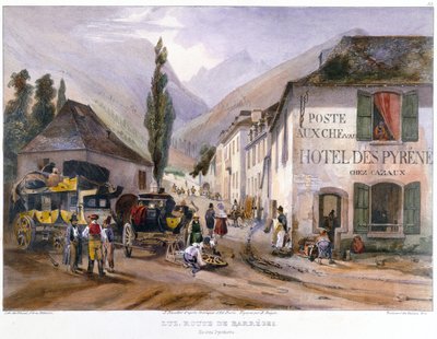 बेरेज के लिए सड़क पर लूज में एक स्टेजकोच का आगमन और मरम्मत, c.1840 द्वारा जीन जैकोटेट