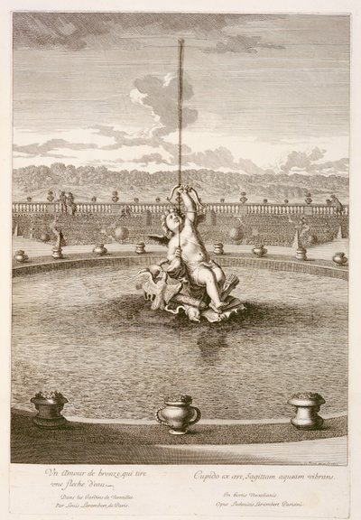 क्यूपिड के साथ फाउंटेन, एक जल जेट तीर, लुइस लेम्बर्ट द्वारा वर्साइल, 1677 में डिजाइन किया गया द्वारा जीन लेपौत्रे