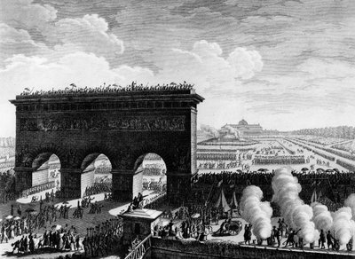 फ्रांसीसी क्रांति: पेरिस में चैंप्स डी मार्स में 14 जुलाई 1790 को फेडरेशन का पर्व। प्रायर के बाद बर्थौट द्वारा उत्कीर्णन। पेरिस, क्रांति के इतिहास संस्थान का पुस्तकालय of द्वारा जीन लुइस II (बाद में) प्रियर