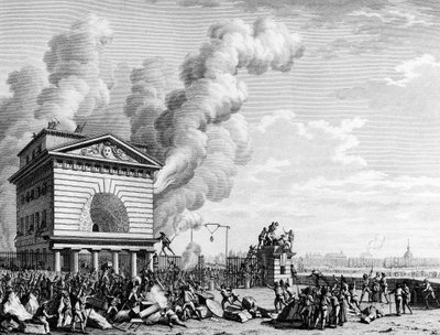 फ्रांसीसी क्रांति: 12 जुलाई 1789 को पेरिस में सम्मेलन के अवरोध की आग। प्रायर के बाद बर्थौट द्वारा उत्कीर्णन। पेरिस, इंस्टिट्यूट डी हिस्टोइरे डे ला क्रांति के बिब्लियोथेक। द्वारा जीन लुइस II (बाद में) प्रियर