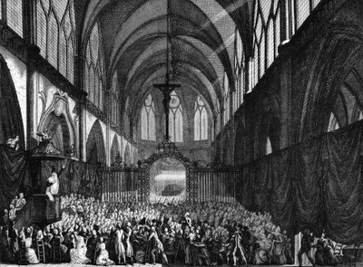 फ्रांसीसी क्रांति: 5 अगस्त 1789 को बैस्टिल के मुख्यालय में मरने वाले नागरिकों की सेंट जैक्स डी ल'होपिटल (सेंट जैक्स डी ल'होपिटल") में अंतिम संस्कार सेवा। प्रायर के बाद बर्थौट द्वारा उत्कीर्णन। पेरिस, आर . के इतिहास संस्थान का पुस्तकालय द्वारा जीन लुइस II (बाद में) प्रियर