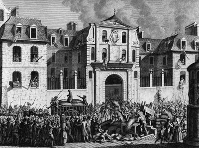फ्रांसीसी क्रांति: क्रांतिकारियों द्वारा सोमवार 13 जुलाई 1789 को पेरिस में सेंट लाजारे के घर में तोड़फोड़। प्रायर के बाद बर्थौट द्वारा उत्कीर्णन। पेरिस, क्रांति के इतिहास संस्थान का पुस्तकालय of द्वारा जीन लुइस II (बाद में) प्रियर