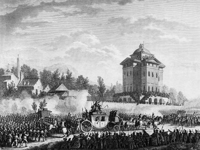फ्रांसीसी क्रांति: 20 और 21 जून 1791 को वेरेन्स में गिरफ्तारी के बाद शाही परिवार की वापसी: राजा लुई सोलहवें और मैरी एंटोनेट 25 जून 1791 को पेरिस लौट आए। प्रायर द्वारा एक ड्राइंग के बाद उत्कीर्णन। पेरिस, इतिहास संस्थान का पुस्तकालय द्वारा जीन लुइस II (बाद में) प्रियर