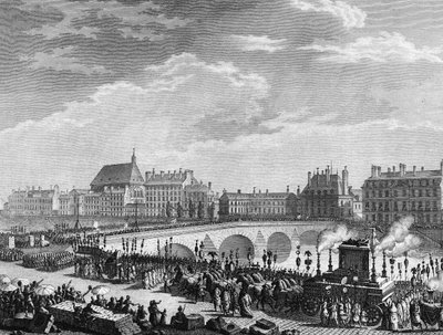 फ्रांसीसी क्रांति: 11 जुलाई 1791 को फ्रेंकोइस मैरी अरोएट डिट वोल्टेयर (1694-1778) की विजय (वोल्टेयर के अवशेषों का फनब्रे टैंक रॉयल ब्रिज पर अपना मार्ग है)। प्रायर के बाद बर्थौट द्वारा उत्कीर्णन। पेरिस, इतिहास संस्थान का पुस्तकालय द्वारा जीन लुइस II (बाद में) प्रियर