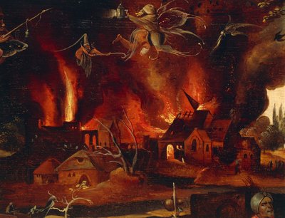 जॉन मैंडाइन (1500-1560) द्वारा सेंट एंथोनी का प्रलोभन, आग की लपटों और राक्षसों में शहर को दिखाते हुए विस्तार। द्वारा जीन मैंडिन