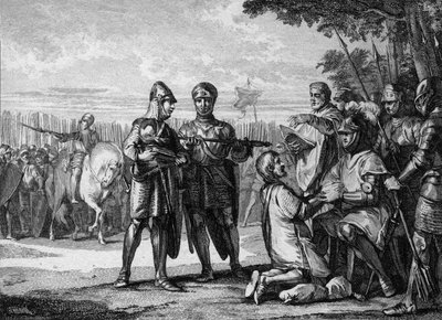 टर्ट्री की लड़ाई, ६८७: नेस्ट्रिया की सेना के विजेता, पेपिन द ज्यून या हेर्स्टल (लगभग ६५३-७१४), ऑस्ट्रेशिया के राजकुमार, नेउस्ट्रिया थियरी III (६५७-६९१) के राजा के अधिकार को मान्यता देते हैं। जीन मिशेल मोरो द्वारा उत्कीर्णन, dit Moreau le Jeune (1741-181 .) द्वारा जीन-मिशेल द यंगर मोरो