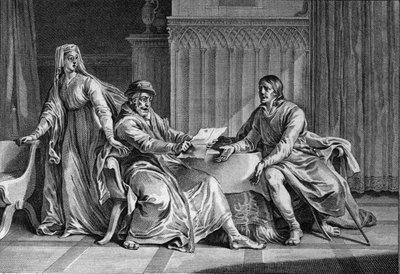 लुई द ग्रोस (1081-1137) अपने पिता, फिलिप I (1052-1108) को दिखाता है, वह पत्र जिसमें उन्होंने कथित तौर पर इंग्लैंड के राजा को लुई की हत्या करने के लिए कहा था। फिलिप की पत्नी और पत्र के कथित लेखक बर्ट्रेड डी मोंटफोर्ट (सीए। 1070-1118) भी मौजूद हैं। 1 द्वारा जीन-मिशेल द यंगर मोरो