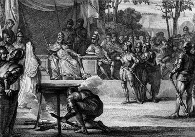 अध्यादेश या "ईश्वर का निर्णय", 831: लुई प्रथम पवित्र या डेबोनेयर (778-840), जूडिथ वेल्फ़ (805-843), उनकी पत्नी, और सेप्टिमेनिया के बर्नार्ड (लगभग 800-844) के प्रति राजद्रोह का आरोप लगाया गया। राज्य के चेम्बरलेन, एक से पहले अपनी बेगुनाही साबित करन द्वारा जीन-मिशेल द यंगर मोरो