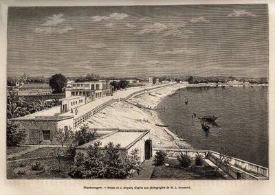 चंद्रनगर (वर्तमान में पश्चिम बंगाल में चंदननगर), गंगा के तट पर, जे.मोयनेट द्वारा चित्र के बाद उत्कीर्णन, राजाओं के भारत में यात्रा का चित्रण, 1864-1868 में, लुई रूसेलेट द्वारा, "" में प्रकाशित ले टूर डू मोंडे ”” 1874, संपादित द्वारा जीन पियरे मोनेट