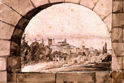 ब्रैकियानो के शहर और झील का दृश्य, c.1810 (कागज पर सेपिया वॉश के साथ कलम और सेपिया स्याही) द्वारा जीन थॉमस थिबॉल्ट