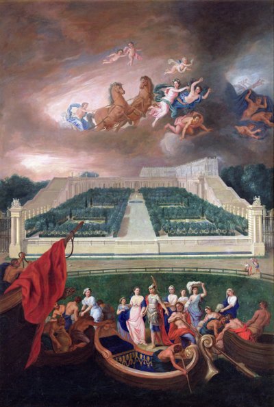 1688 के हेलेन अपहरण के साथ ओरैन्गेरी और चेटेउ डे वर्साय के दृश्य द्वारा जीन छोटी गाड़ी
