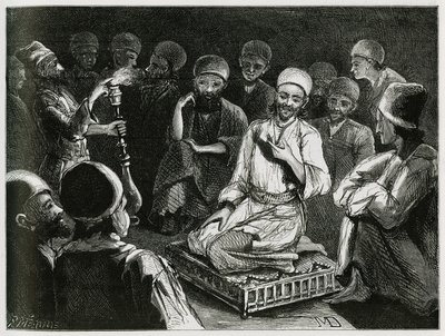 फ़ारसी कथाकार अपने दर्शकों को घेर लेता है। ट्रैवलर लेखक द्वारा उत्कीर्णन, कहानी "" फारस, चाल्दी और सुसियान "" को चित्रित करने के लिए द्वारा जेने ड्युलफॉय