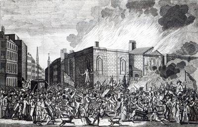 7 जून 1780 को द रिओटर्स द्वारा न्यूगेट के बर्निंग, लूट और विनाश का एक सटीक प्रतिनिधित्व, हेनरी रॉबर्ट्स, 1781 द्वारा उत्कीर्ण द्वारा जेफ़रीज़ हैममेट ओ'नील