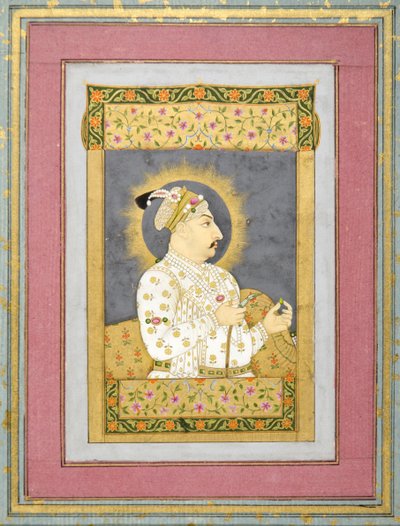 मुहम्मद शाह का चित्रण एक पन्ना और एक हुक्का का मुखपत्र, कागज पर wc और सोने के साथ c.1730 स्याही द्वारा झरोखा निधि मल