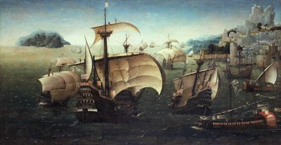 एक चट्टानी तट से पुर्तगाली कैरैक, c.1540 द्वारा जोआचिम पाटिनिर के अनुयायी
