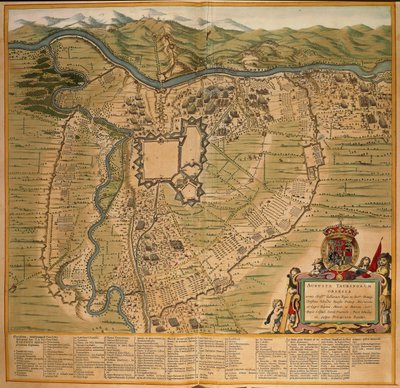 1639 में ट्यूरिन की घेराबंदी, जोआन ब्लेयू द्वारा थिएटर सबौडिया से रंग उत्कीर्णन, इटली में मुद्रित द्वारा जोन ब्लाउ