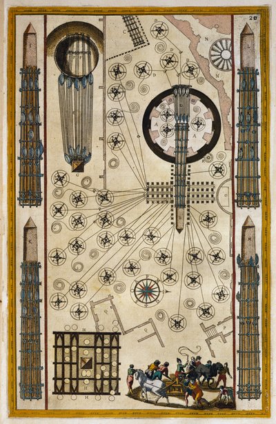 जोआन बालेउ (1596-1673) द्वारा थिअट्रम सिविटैटम एट एडमिरंडोरम इटालिया से उत्कीर्णन, मूविंग ओबिलिस्क के लिए विनचेस द्वारा जोन ब्लाउ