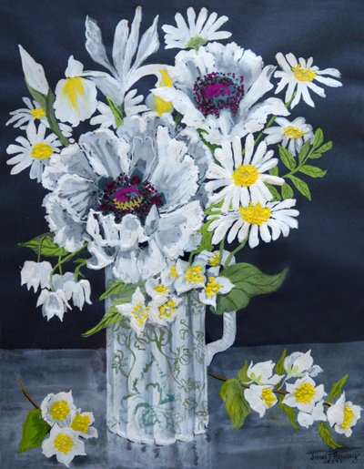 सफेद खसखस, Marguerites और फिलाडेल्फ़स, (gouache) द्वारा जोन थेवेसी