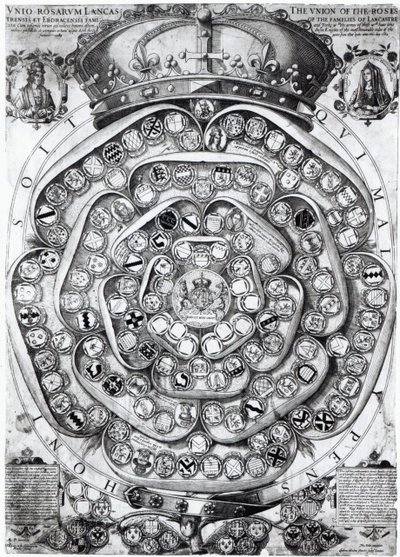 लैंकेस्टर और यॉर्क के परिवारों के गुलाब का संघ, 1589 (प्लेट उत्कीर्णन) द्वारा जोडोकस होंडियस