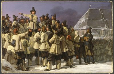Le roi Gustave I Vasa (1496-1560) s'adresant aux hommes de Dalecarlie a Mora - स्वीडन के राजा गुस्ताव वासा, सैंडबर्ग, जोहान गुस्ताफ़ (1782-1854) द्वारा मोरा में दलारना से पुरुषों को संबोधित करते हुए। तेल के रंगों से केन्वस पर बना चित्र द्वारा जोहान गुस्ताफ सैंडबर्ग