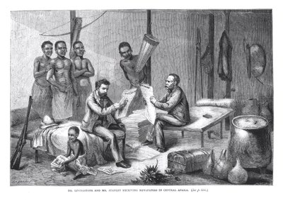 डॉ। डेविड लिविंगस्टोन (1813-73) और श्री हेनरी मॉर्टन स्टेनली (1841-1904) मध्य अफ्रीका में समाचार पत्र प्राप्त करना, पियर्सन द्वारा उत्कीर्ण द्वारा जोहान बैपटिस्ट ज़वीकर
