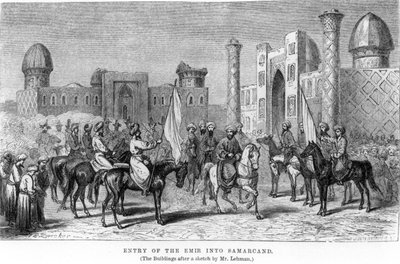 समीरंद में एमिर की एंट्री, &39;ट्रेवल्स इन सेंट्रल एशिया ... इन ... 1863&39; में, अर्मिनियस वामबेरी द्वारा, जेडब्ल्यूडब्ल्यू हाइपर द्वारा उत्कीर्ण, 1864 में प्रकाशित द्वारा जोहान बैपटिस्ट ज़वीकर