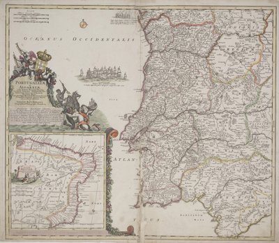 पुर्तगाल और अल्गार्वे (पुर्तगालिया एट अल्गारबिया), c.1704 (हाथ से रंगी हुई नक़्क़ाशी) द्वारा जोहान बैप्टिस्टा होमन
