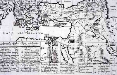 'ऐतिहासिक वास्तुकला के डिजाइन' की पहली पुस्तक में उद्धृत स्थानों का नक्शा द्वारा जोहान बर्नहार्ड (बाद) फिशर वॉन एरलाच