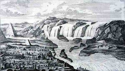 जोहान एडम डेलसेनबैक (1687-1765) 1721 (उत्कीर्णन) द्वारा उकेरी गई 'एंटवुर्फ़ ईनर हिस्टोरिसचेन आर्किटेक्टुर' से, मिस्र के नील और खंडहर के मोतियाबिंद के मोतियाबिंद द्वारा जोहान बर्नहार्ड (बाद) फिशर वॉन एरलाच