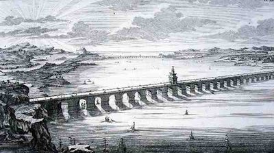 जोहान एडम डेलसेनबैक (1687-1765) 1721 (उत्कीर्णन) द्वारा उकेरी गई 'डिजाइन ऑफ ए हिस्टोरिकल आर्किटेक्चर' से फोचेउ और नानताई, चीन के बीच ग्रेट चाइनीज ब्रिज द्वारा जोहान बर्नहार्ड (बाद) फिशर वॉन एरलाच