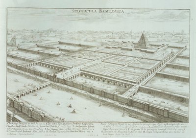 1721 के &39;डिजाइन ऑफ ए हिस्टोरिक आर्किटेक्चर&39; से रॉयल पैलेस और बेबीलोन के हैंगिंग गार्डन का मनोरम दृश्य द्वारा एर्लाच के जोहान बर्नहार्ड फिशर