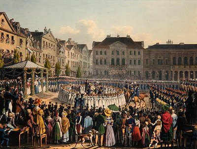 1831 में कैसल सिटीजन गार्ड का ध्वज अभिषेक समारोह (कलर लिथो) द्वारा जोहान क्रिश्चियन अर्नोल्ड