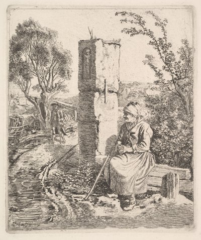 1819 में सड़क के किनारे एक खंभे के पास बैठी एक बूढ़ी महिला। द्वारा जोहान क्रिश्चियन एरहार्ड