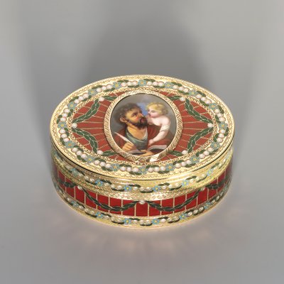 स्नफ़ बॉक्स, ड्रेसडेन, c.1775-80, मिनिएचर जिनेवा, c.1800 (सेक्सन हार्डस्टोन, सोना और मीनाकारी) द्वारा जोहान क्रिश्चियन न्युबर