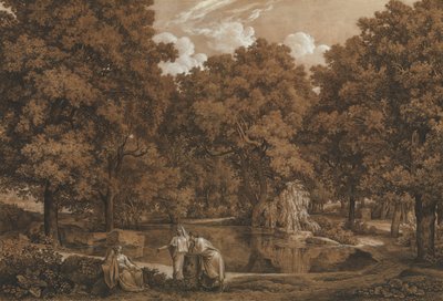 एक झील पर तीन आकृतियों वाला अर्काडियन लैंडस्केप, 1792। द्वारा जोहान क्रिश्चियन रेनहार्ट