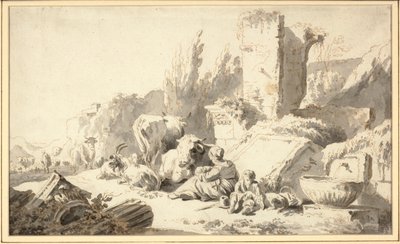 शास्त्रीय खंडहर के बगल में अपने परिवार और मवेशियों के साथ एक गोताखोर द्वारा जोहान हेनरिक रोज