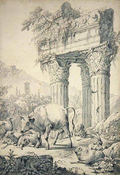 कैम्पगनियन परिदृश्य में गाय (कागज पर ग्रेफाइट और कलम) द्वारा जोहान हेनरिक रोज