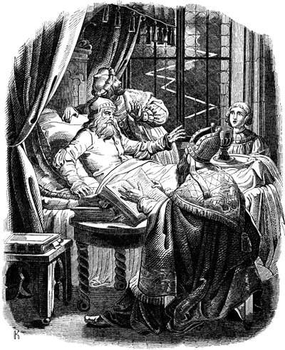 ई। डुलर, 1840 द्वारा जर्मन लोगों के इतिहास से ब्रंसविक चित्रण में अपनी मृत्यु से पहले हेनरी द लायन द्वारा जोहान जैकब किरचॉफ
