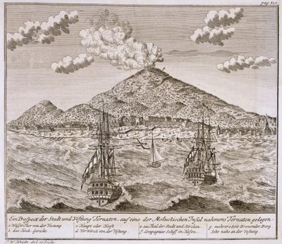 1730 के दशक में मोलूका, तट और डच ईस्ट इंडिया कंपनी के जहाजों में &39;टेरनेट&39; नामक द्वीप, बटाविया के विचारों की एक श्रृंखला से &39;शहाउ-प्लाट्ज वॉन अफ्रीका अंड-इंडियन&39;, 1744 प्रकाशित द्वारा जोहान वोल्फगैंग हेयड